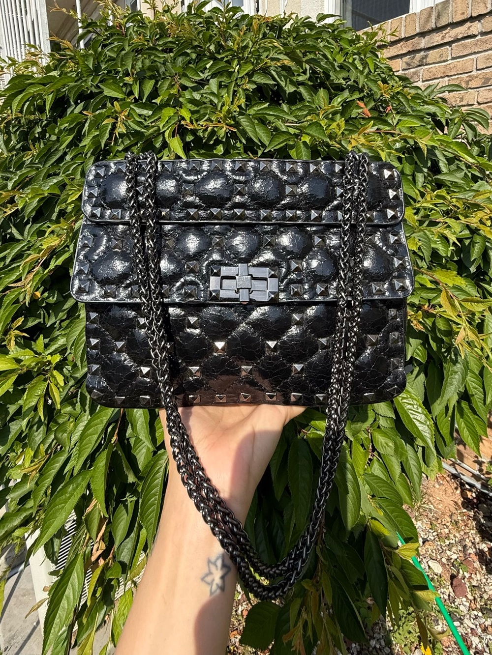 Rockstud Inspired Black Crinkled Leather Spike Stud Chain Flap Bag